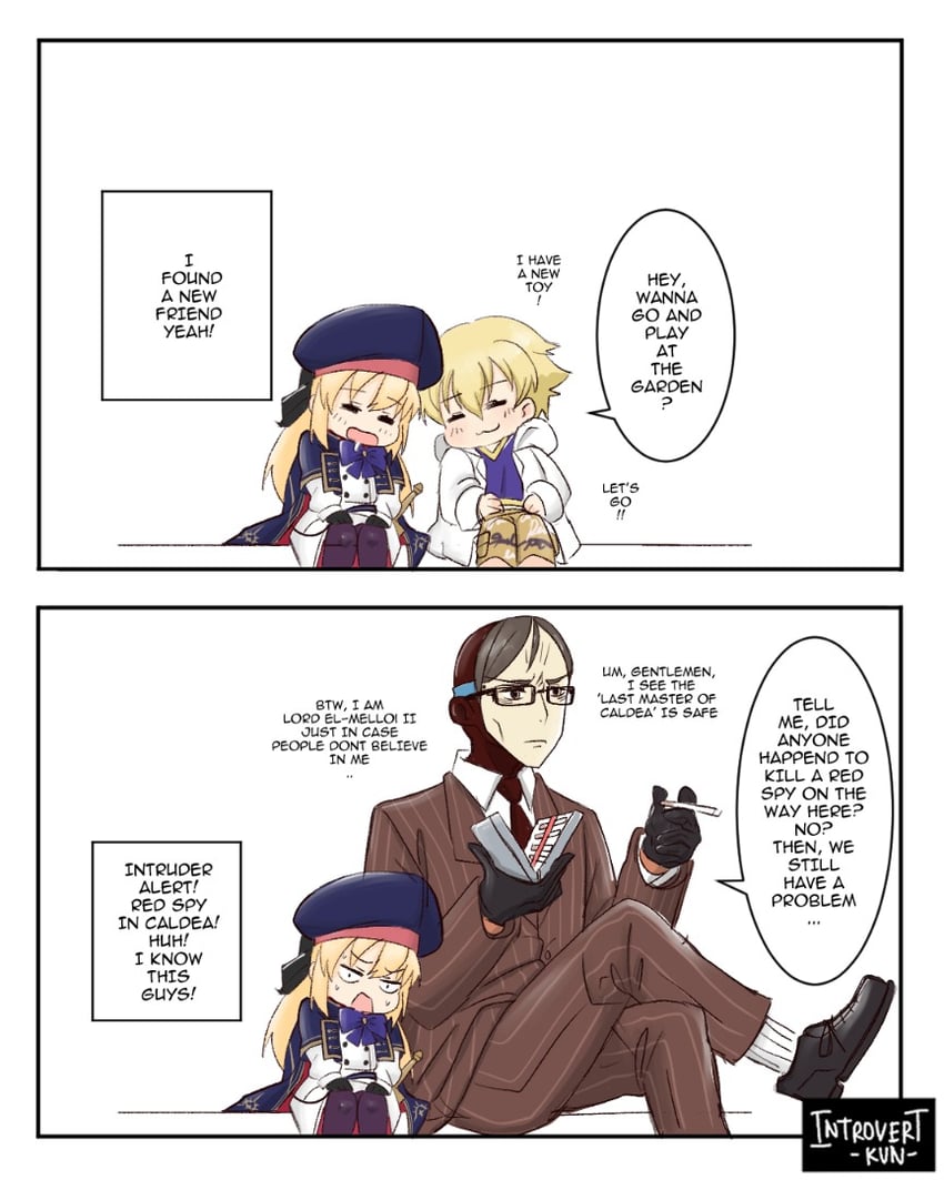 artoria pendragon, gilgamesh, artoria caster, child gilgamesh, spy, and 1 more (fate and 2 more) drawn by introvert-kun