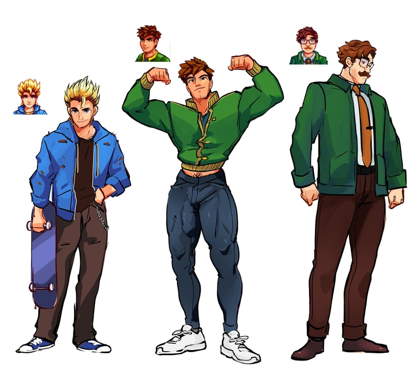 alex, sam, and harvey (stardew valley) drawn by idoraad