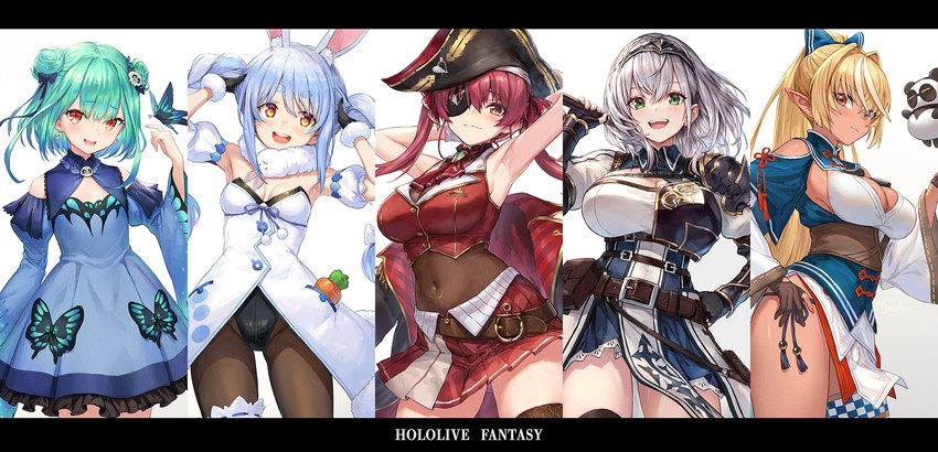 houshou marine, usada pekora, shirogane noel, uruha rushia, shiranui flare, and 2 more (hololive) drawn by guchico