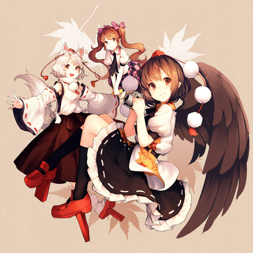 shameimaru aya, inubashiri momiji, and himekaidou hatate (touhou) drawn by junwool