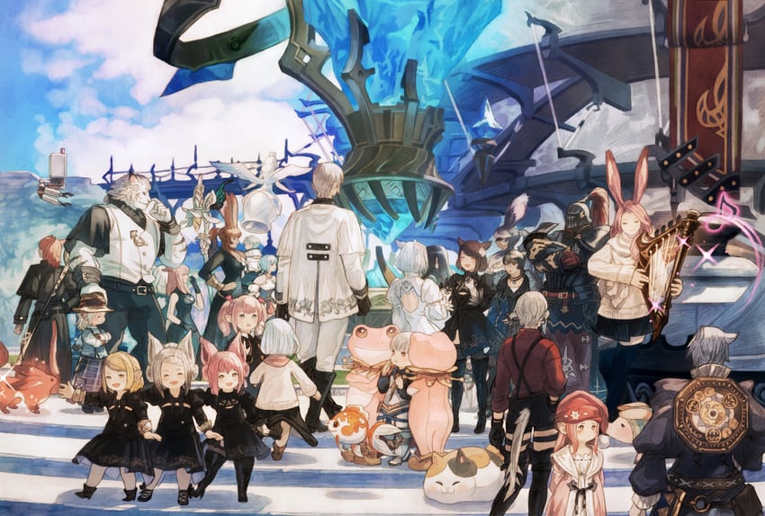 warrior of light, 2b, pod, white mage, black mage, and 5 more (final fantasy and 4 more) drawn by maeka_(kumaekake)