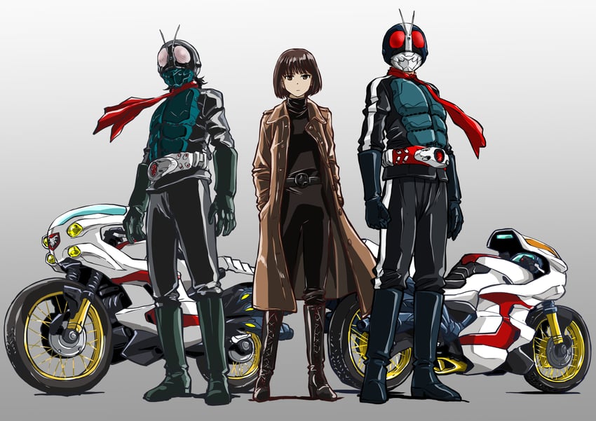 kamen rider 1, kamen rider 2, and midorikawa ruriko (kamen rider and 1 more) drawn by taiga_hiroyuki