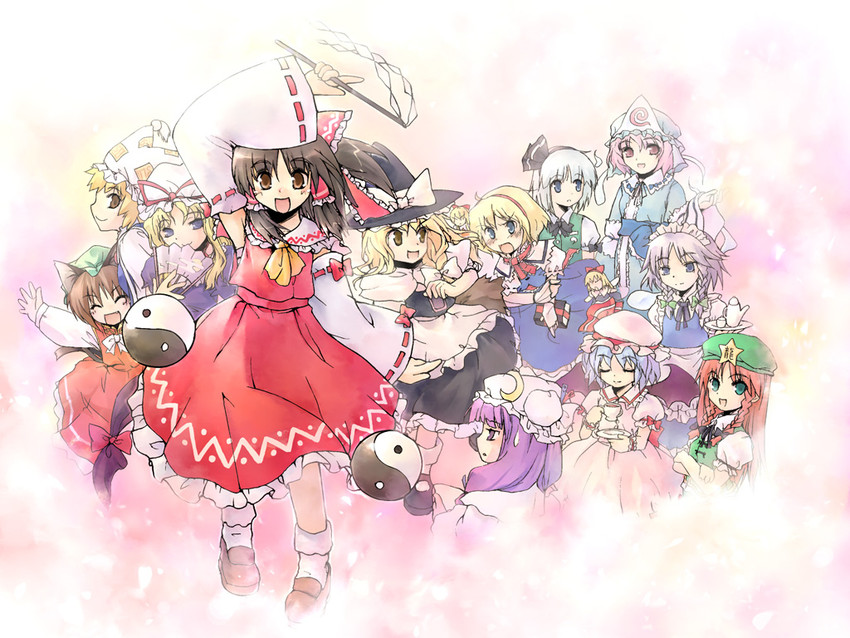hakurei reimu, kirisame marisa, remilia scarlet, izayoi sakuya, konpaku youmu, and 9 more (touhou) drawn by kurudaz