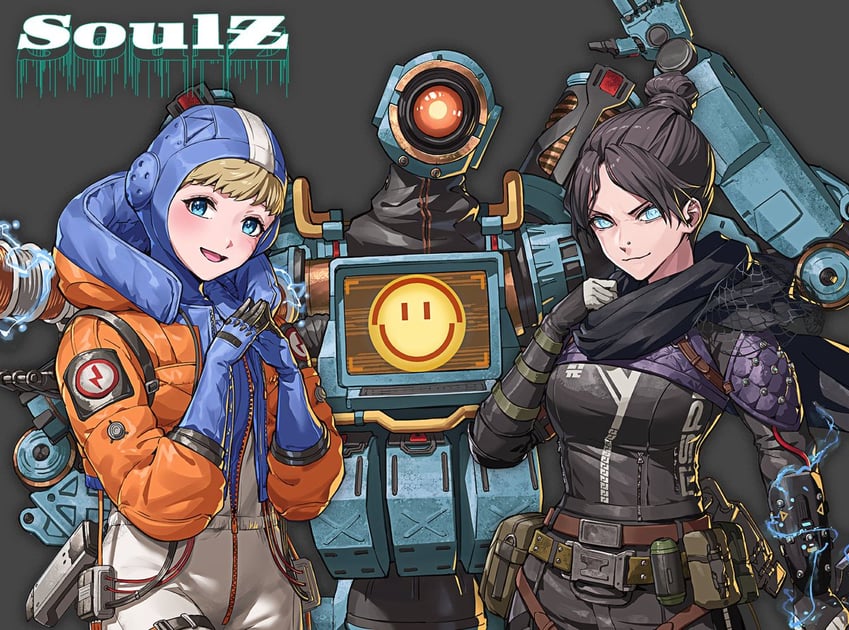 wattson, wraith, and pathfinder (apex legends) drawn by nemoto_yuuma