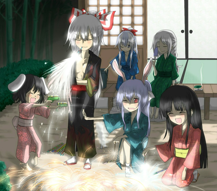 reisen udongein inaba, fujiwara no mokou, kamishirasawa keine, houraisan kaguya, inaba tewi, and 1 more (touhou and 1 more) drawn by nobamo_pieruda