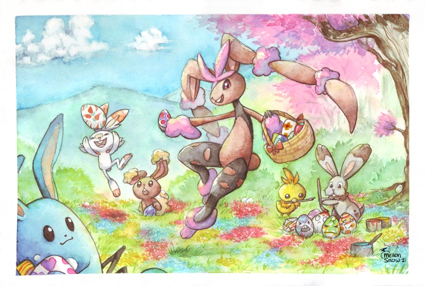 lopunny, scorbunny, torchic, buneary, azumarill, and 3 more (pokemon) drawn by mellonsnow
