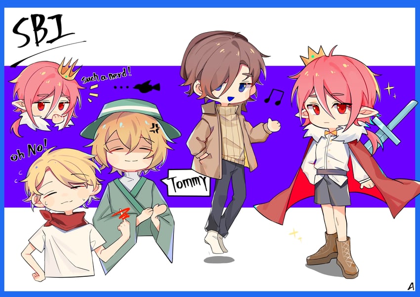 technoblade, wilbur soot, ph1lza, and tommyinnit (minecraft youtube) drawn by tadanogomi