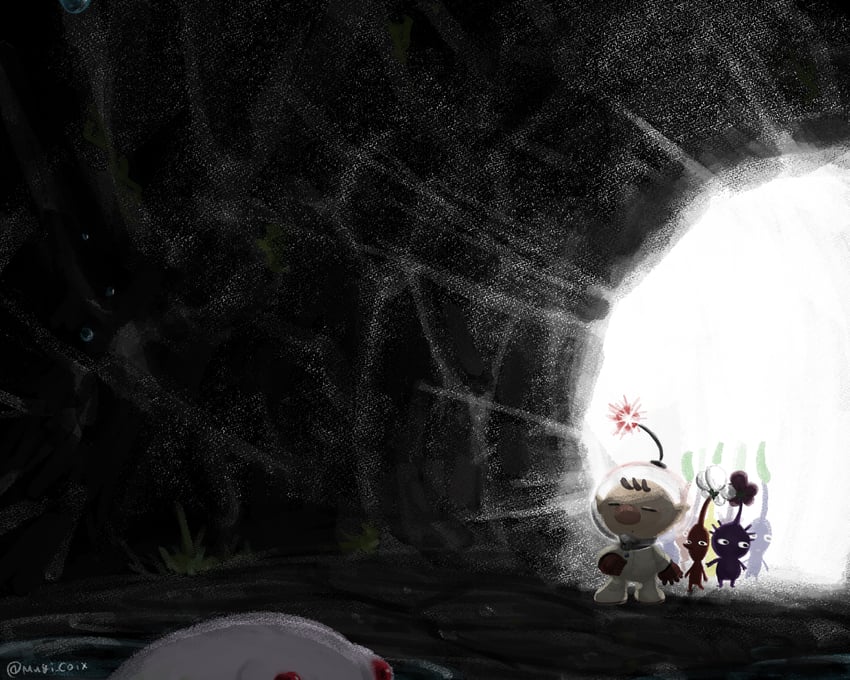 red pikmin, olimar, yellow pikmin, blue pikmin, purple pikmin, and 1 more (pikmin) drawn by usuba_(hatomugip)
