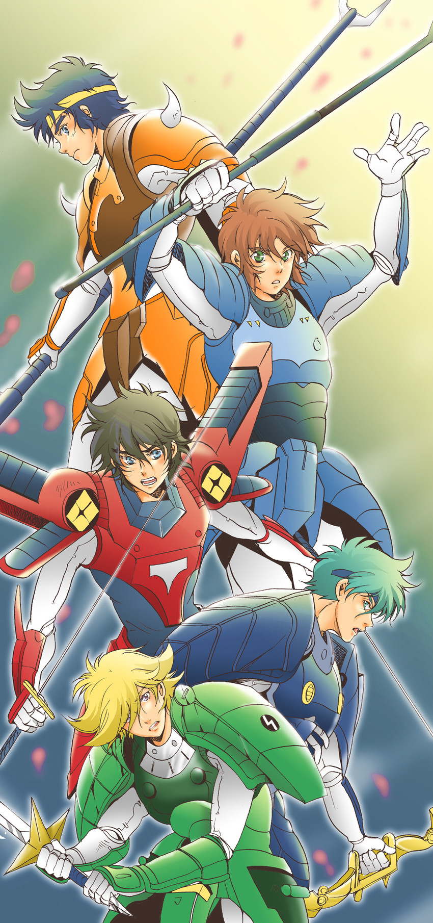 sanada ryou, mouri shin, hashiba touma, date seiji, and shue rei fuan (yoroiden samurai troopers) drawn by hiro_(minorstar)