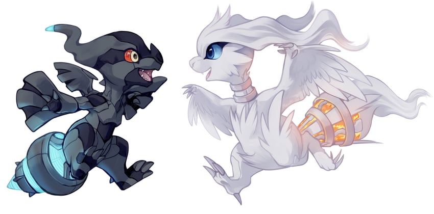 reshiram and zekrom (pokemon) drawn by mewitti