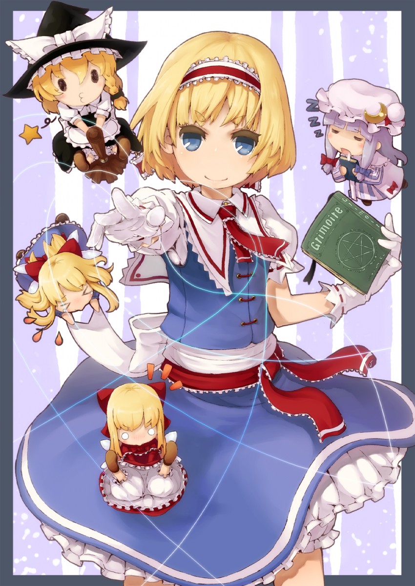 kirisame marisa, alice margatroid, patchouli knowledge, shanghai doll, and hourai doll (touhou) drawn by rothe