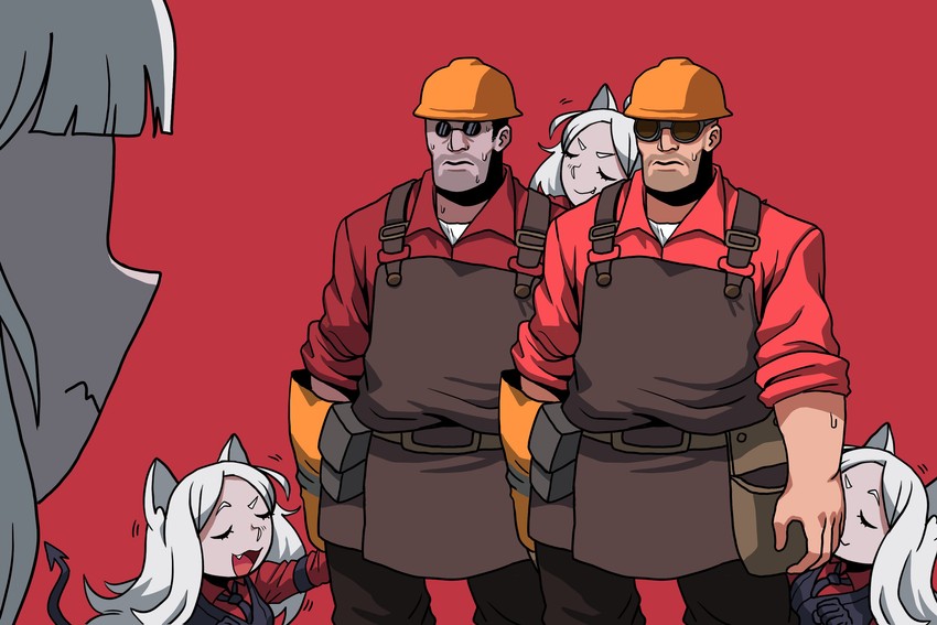 lucifer, helltaker, cerberus, engineer, and red engineer (helltaker and 1 more) drawn by black_giraffe
