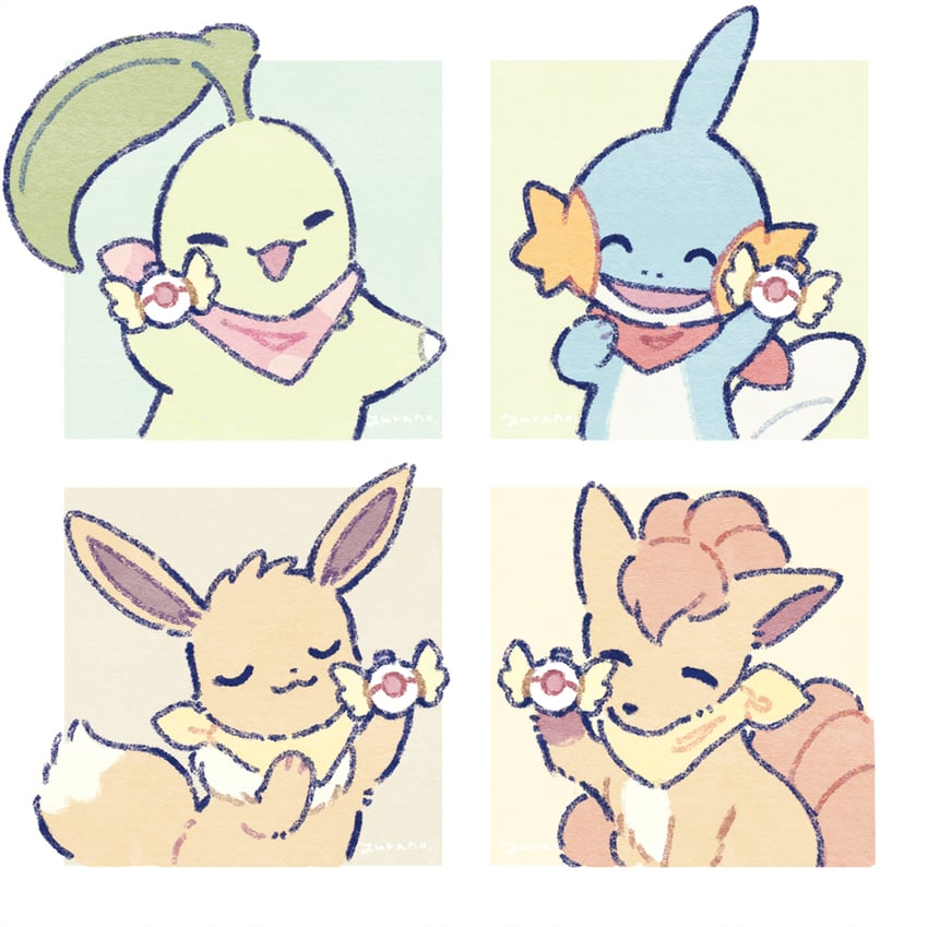 eevee, chikorita, mudkip, and vulpix (pokemon and 1 more) drawn by yurano_(upao)