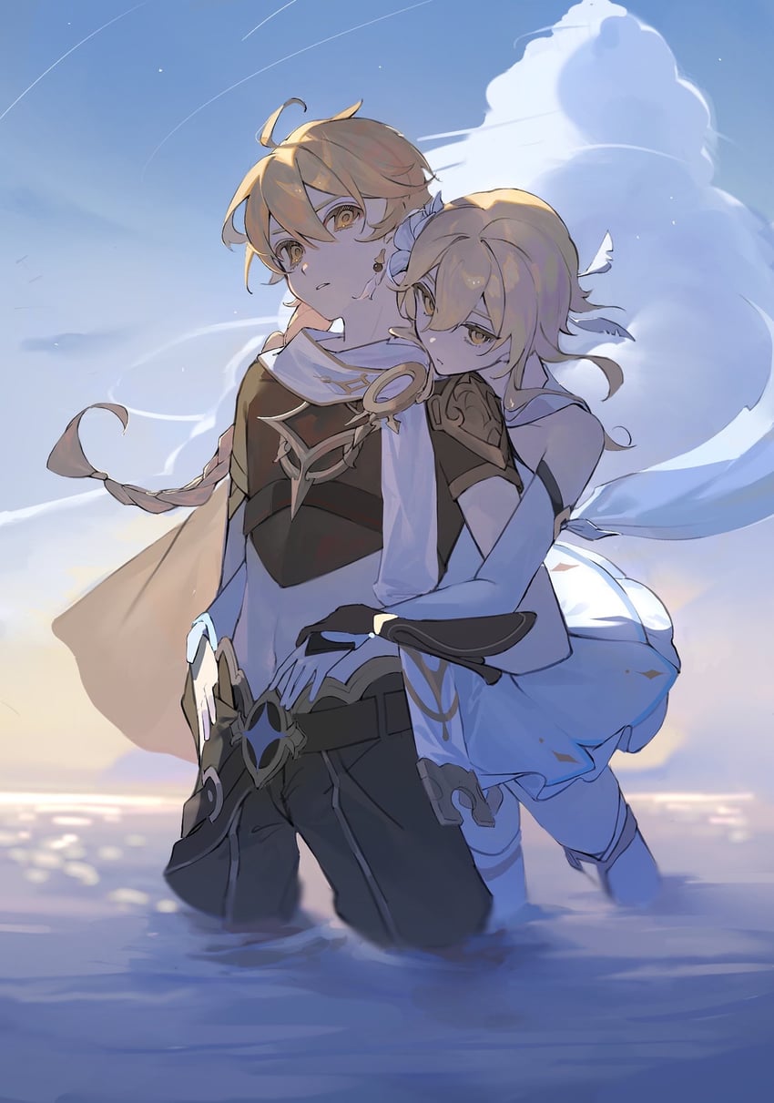 lumine and aether (genshin impact) drawn by poscorn617