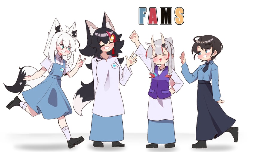 shirakami fubuki, ookami mio, oozora subaru, and nakiri ayame (hololive) drawn by sketchy_guy01