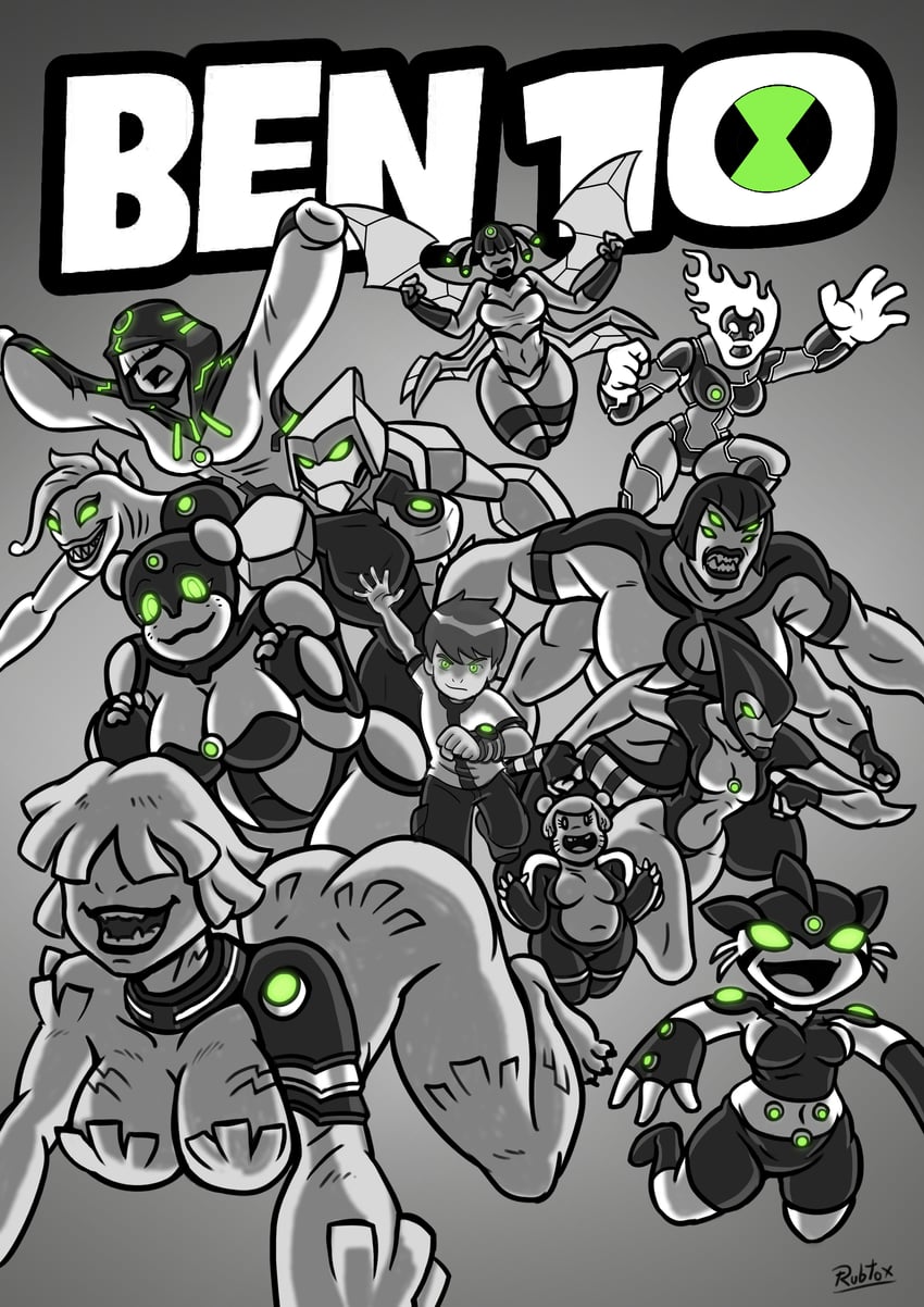 ben tennyson, four arms, heatblast, xlr8, diamondhead, and 8 more (ben 10) drawn by rubtox