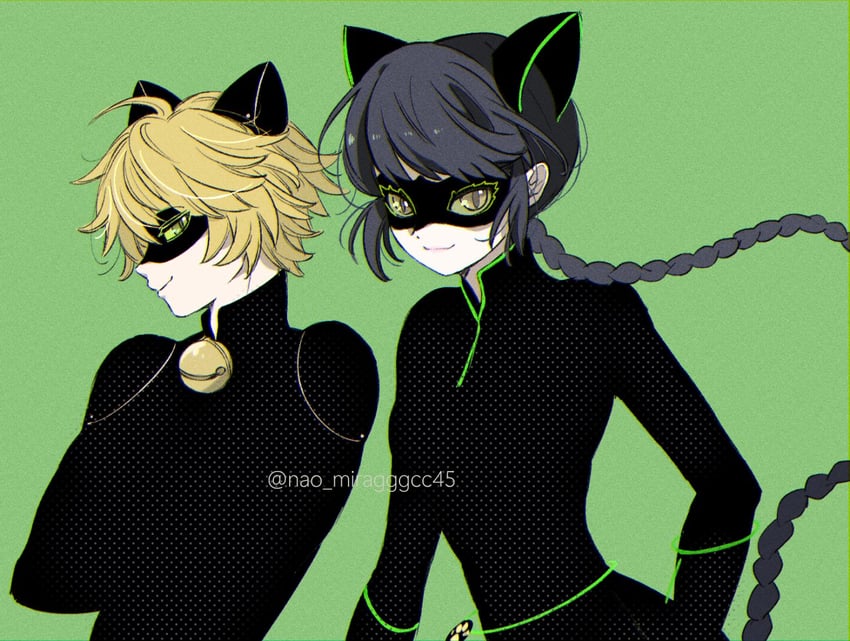 marinette dupain-cheng, adrien agreste, chat noir, and lady noir (miraculous ladybug) drawn by seio_(nao_miragggcc45)