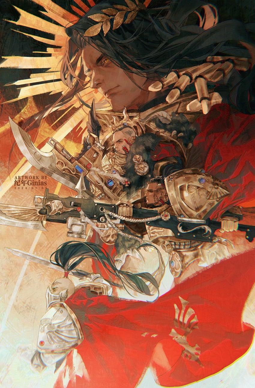 emperor of mankind, adeptus custodes, anathema psykana, constantin valdor, jenetia krole, and 1 more (warhammer 40k) drawn by ginias