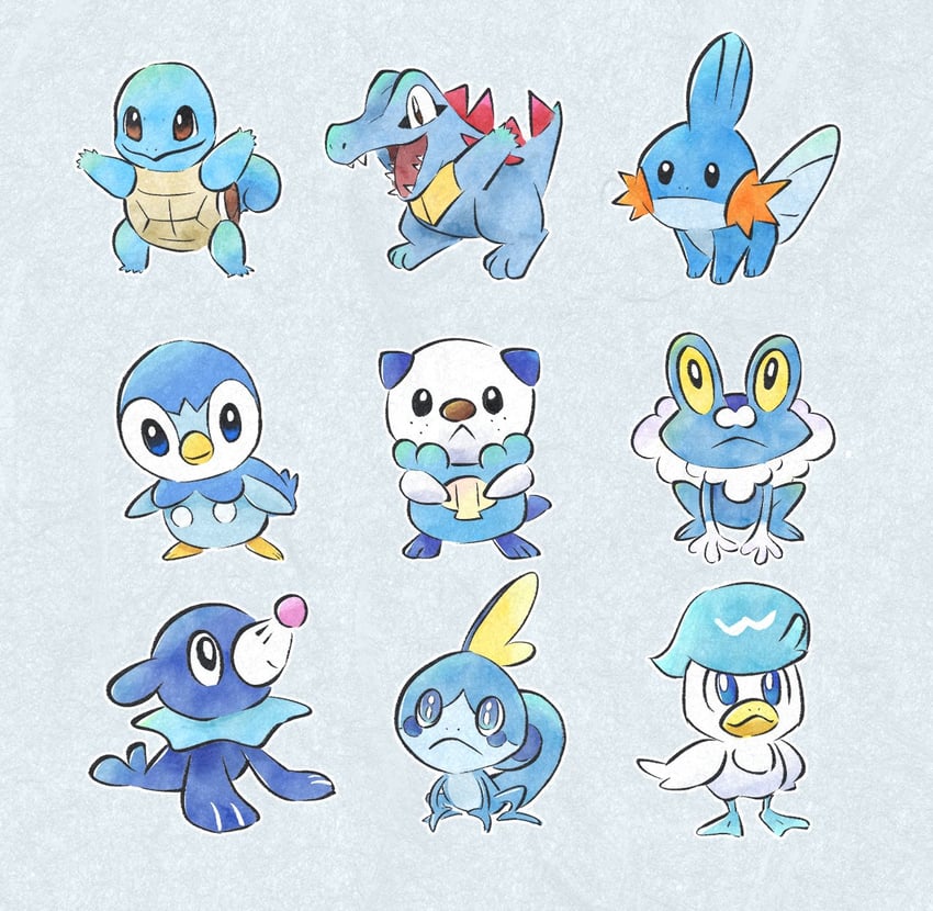 piplup, oshawott, sobble, squirtle, popplio, and 4 more (pokemon) drawn by metikyun