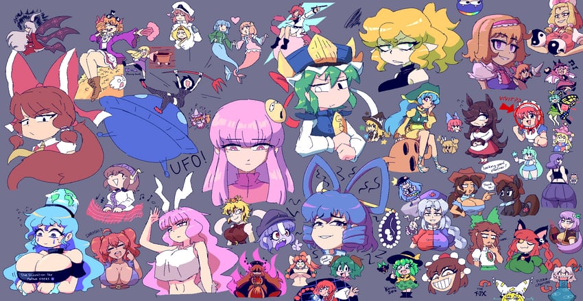 hakurei reimu, kirisame marisa, kochiya sanae, komeiji koishi, alice margatroid, and 46 more (touhou and 5 more) drawn by quarium