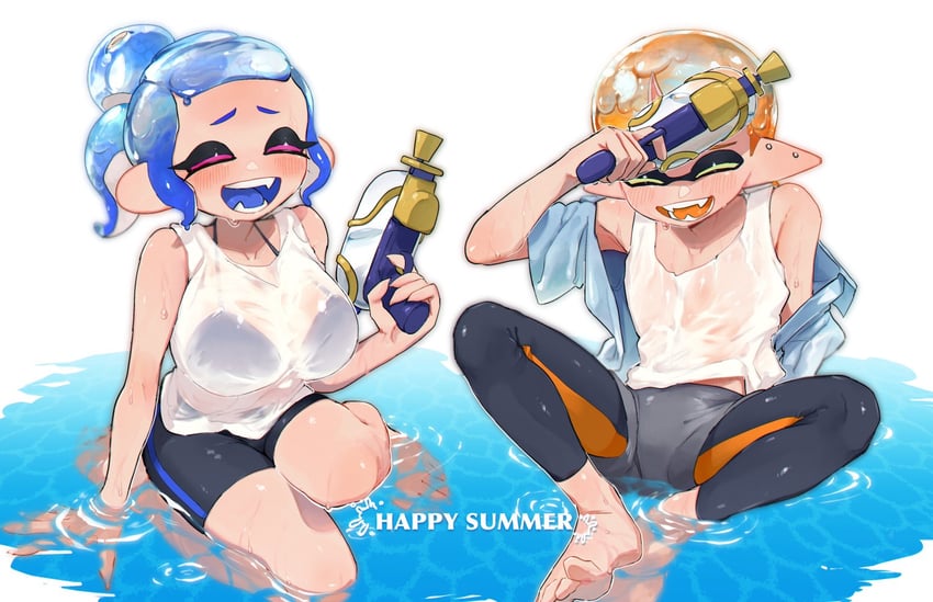 inkling player character, octoling player character, octoling girl, inkling boy, and waka-chan (splatoon) drawn by doro_mizu_831