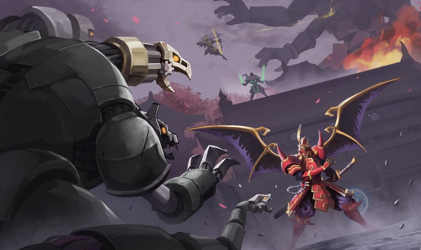 legendary six samurai - shi en, the six samurai - yaichi, the six samurai - nisashi, ancient gear megaton golem, and ancient gear gadjiltron chimera (yu-gi-oh!) drawn by sihai_(wsskdywe)