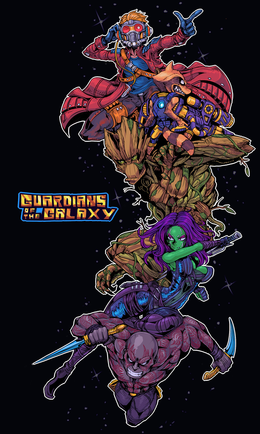 rocket raccoon, peter quill, groot, gamora, and drax the destroyer (marvel and 2 more) drawn by tagane
