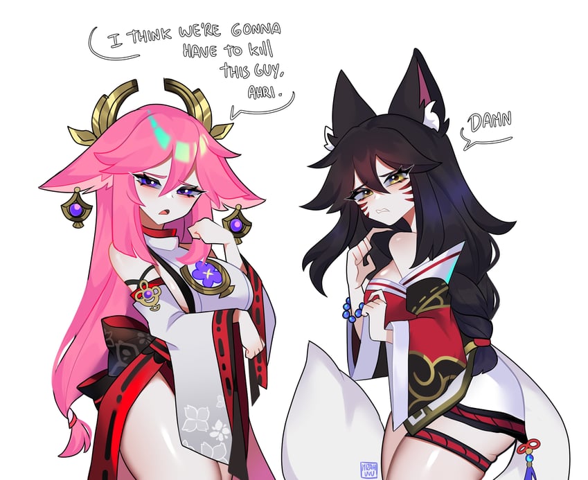 yae miko and ahri (genshin impact and 1 more) drawn by mizah_(mizah)