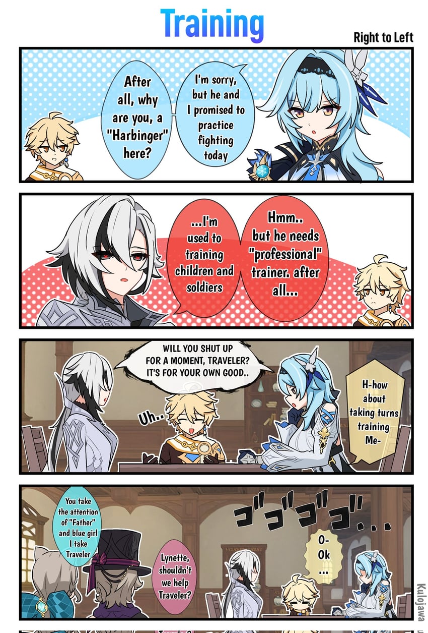 aether, eula, arlecchino, lynette, and lyney (genshin impact) drawn by kulojawa