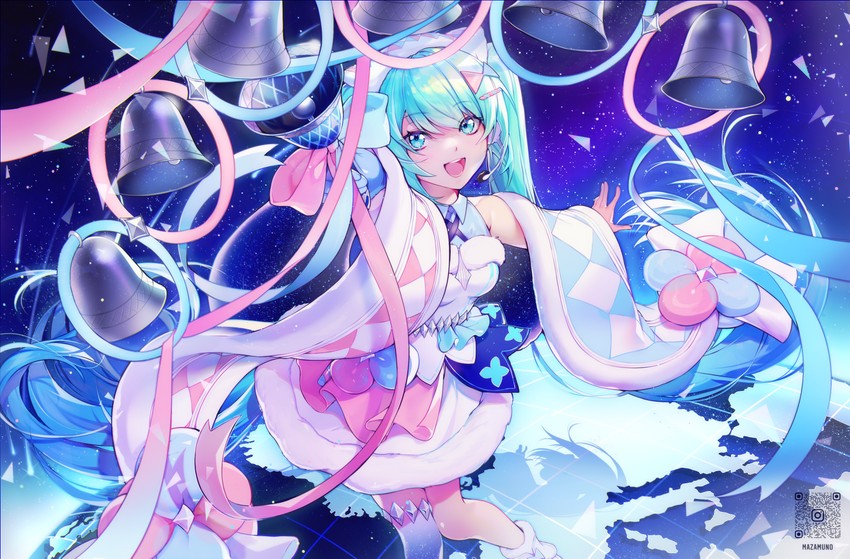 hatsune miku and magical mirai miku (vocaloid and 1 more) drawn by mazamuno