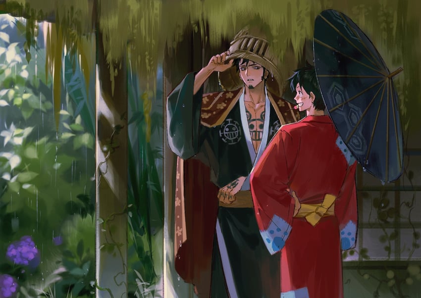 monkey d. luffy and trafalgar law (one piece) drawn by hico_(mrhooooy)
