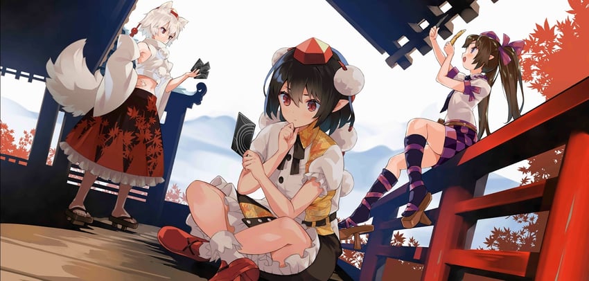 shameimaru aya, inubashiri momiji, and himekaidou hatate (touhou and 1 more) drawn by nuqura