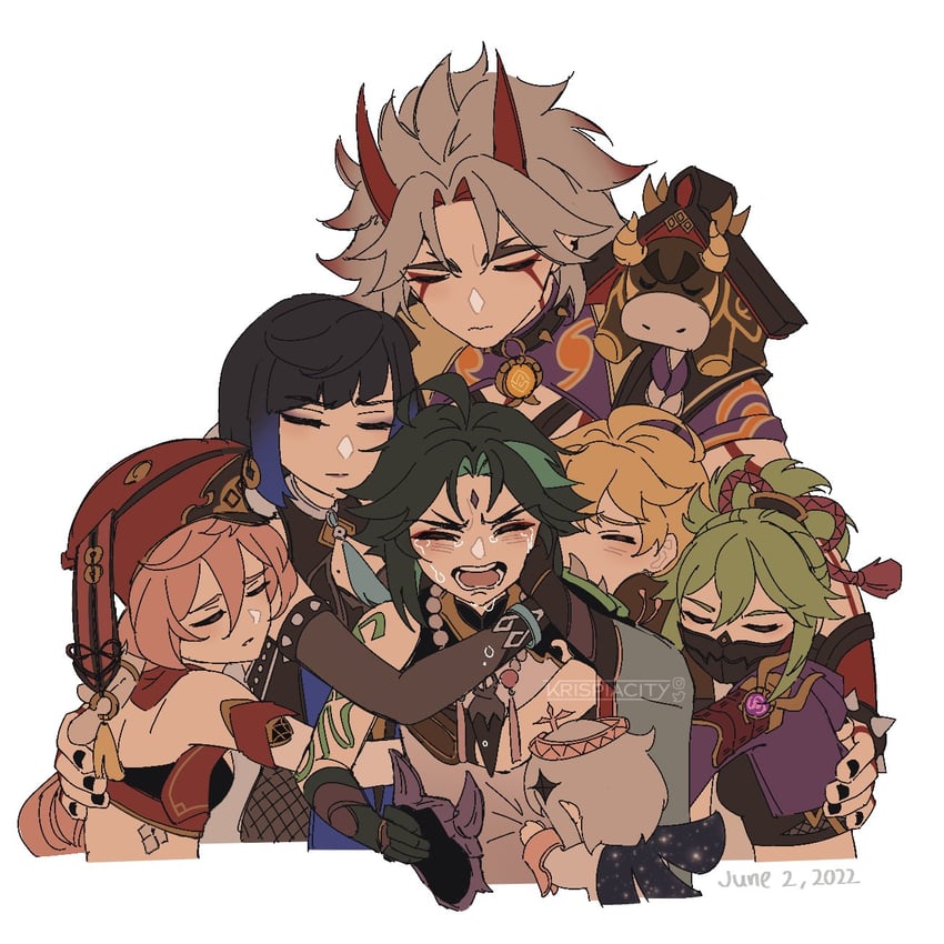 aether, paimon, xiao, yelan, yanfei, and 3 more (genshin impact) drawn by krispiacity