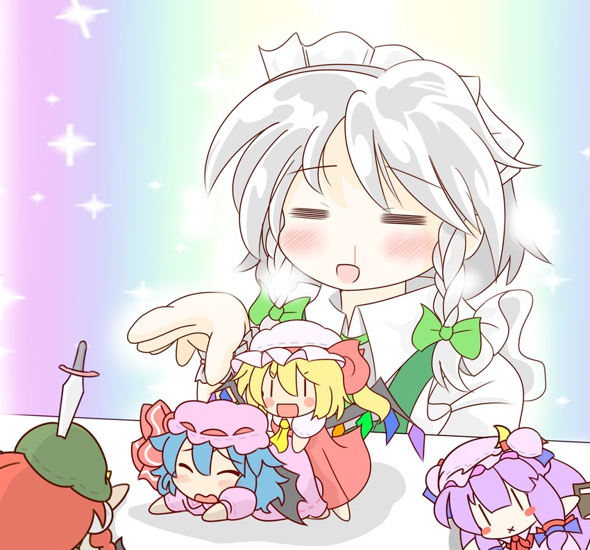 remilia scarlet, flandre scarlet, izayoi sakuya, patchouli knowledge, and hong meiling (touhou) drawn by ruto5102