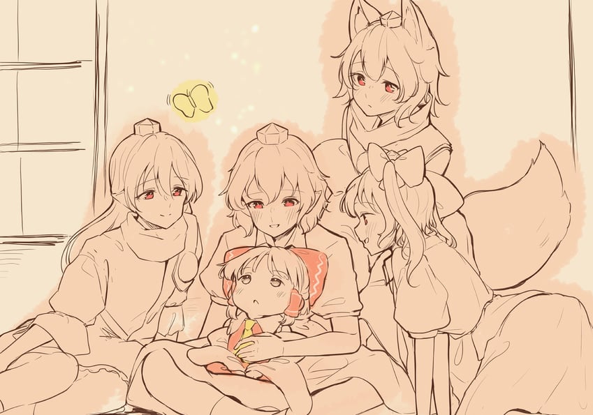 hakurei reimu, shameimaru aya, inubashiri momiji, himekaidou hatate, and iizunamaru megumu (touhou) drawn by seele_(chanseele0128)