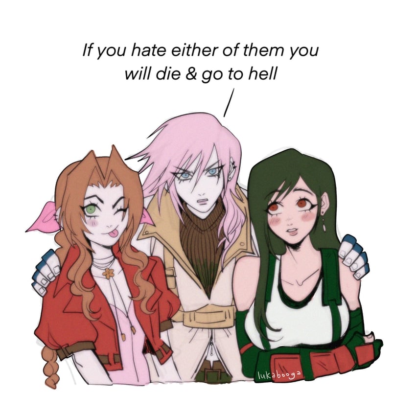 tifa lockhart, aerith gainsborough, and lightning farron (final fantasy and 3 more) drawn by lukabooga