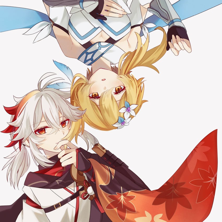 lumine and kaedehara kazuha (genshin impact) drawn by nekorin_chu