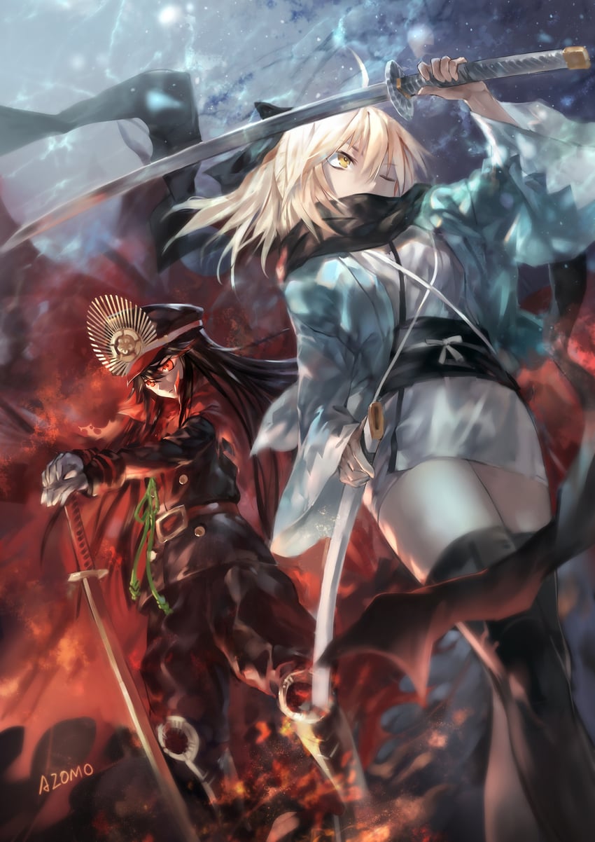 okita souji and oda nobunaga (fate and 1 more) drawn by azomo