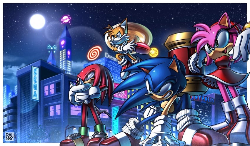 sonic the hedgehog, amy rose, tails, and knuckles the echidna (sonic and 2 more) drawn by rainsy