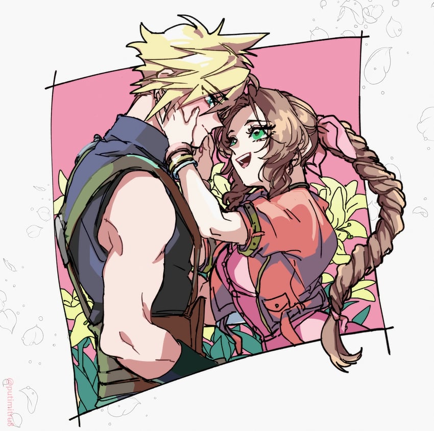 cloud strife and aerith gainsborough (final fantasy and 2 more) drawn by mi_cha_iru