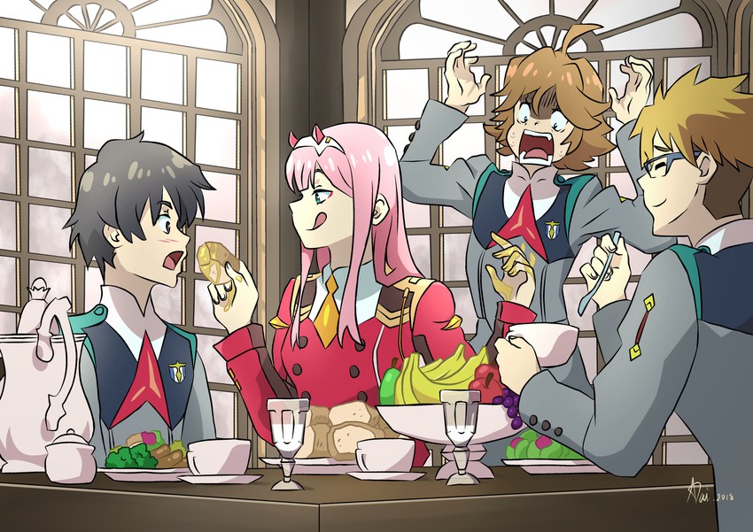 zero two, hiro, gorou, and zorome (darling in the franxx) drawn by wightricealex