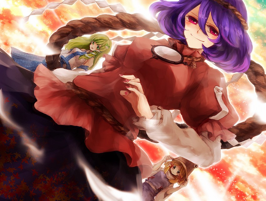 kochiya sanae, moriya suwako, and yasaka kanako (touhou) drawn by takahashi_(te6-6ba)