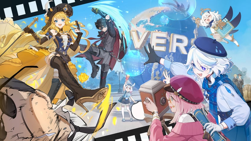 furina, paimon, navia, wriothesley, sigewinne, and 1 more (genshin impact and 1 more) drawn by tiny_(0v0)