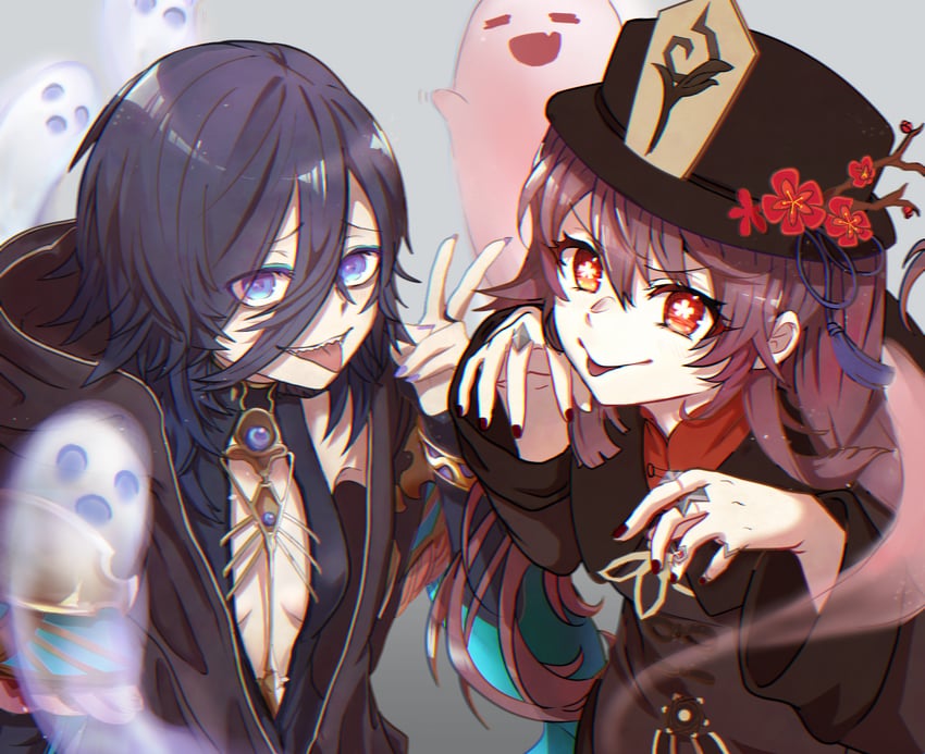hu tao, boo tao, and lich (genshin impact and 1 more) drawn by hyakki_(mmksznm777)