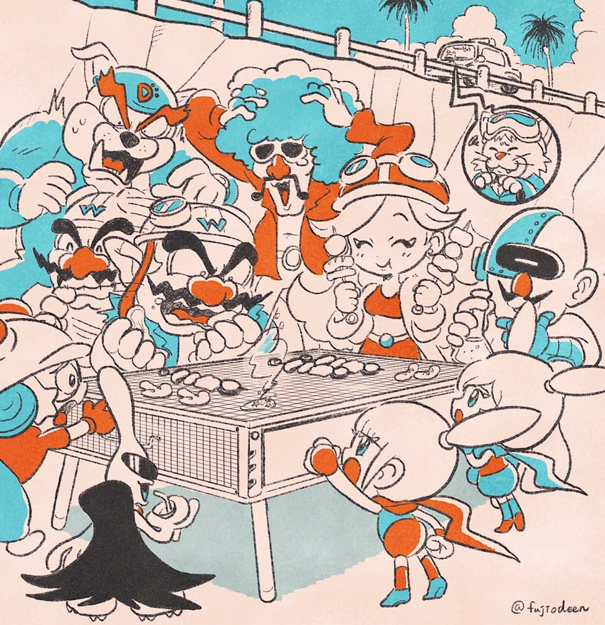 wario, mona, ana, kat, orbulon, and 5 more (warioware) drawn by fujiodeen