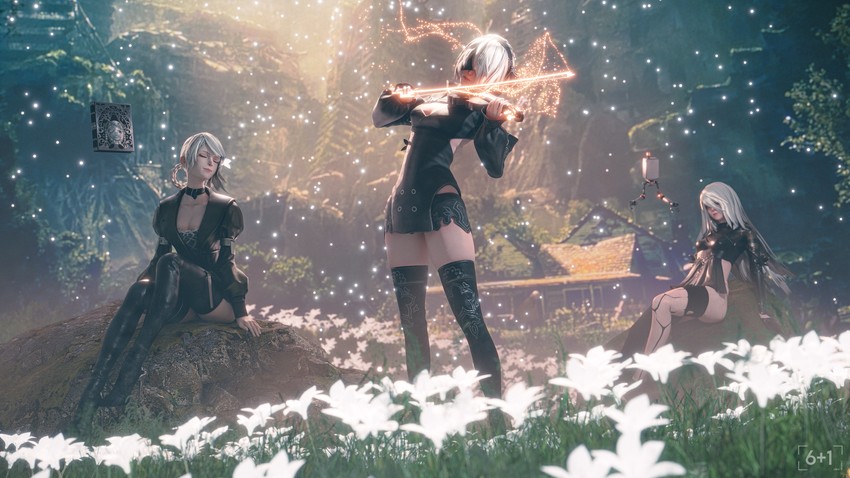2b, pod, a2, kaine, and grimoire weiss (nier:automata and 2 more) drawn by seven_(sixplusone)