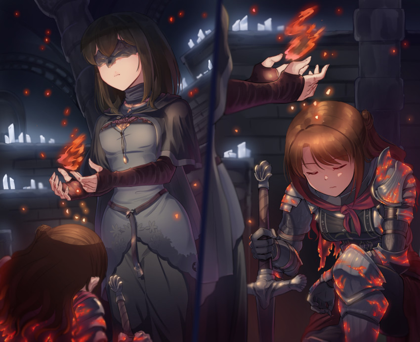 shimamura uzuki, sagisawa fumika, fire keeper, and ashen one (idolmaster and 3 more) drawn by kamille_(vcx68)