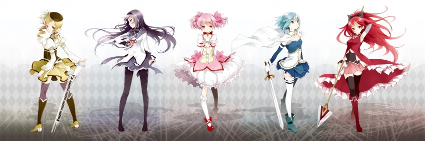 akemi homura, kaname madoka, miki sayaka, sakura kyoko, and tomoe mami (mahou shoujo madoka magica) drawn by miyabi_akino