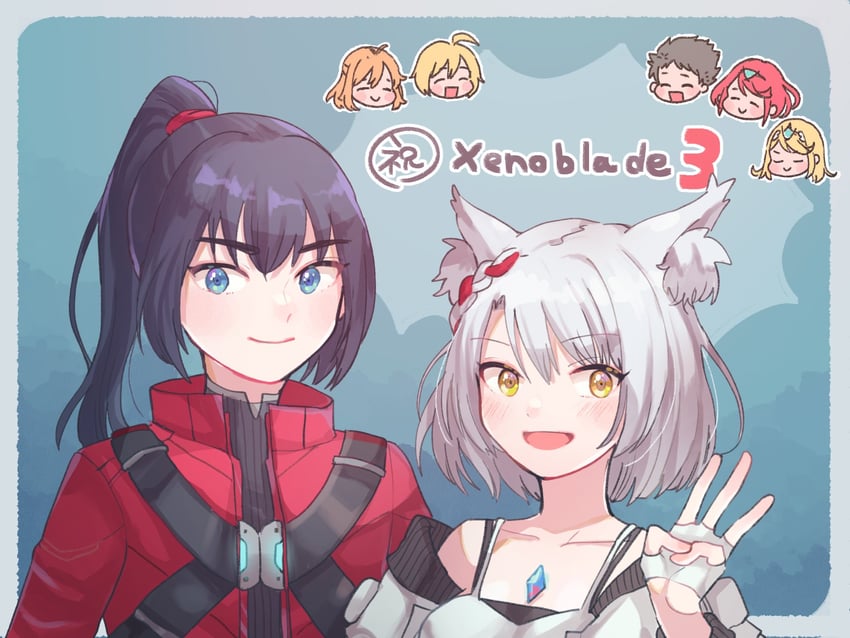 pyra, mythra, rex, mio, shulk, and 2 more (xenoblade chronicles and 3 more) drawn by chomo_(engawaparty)