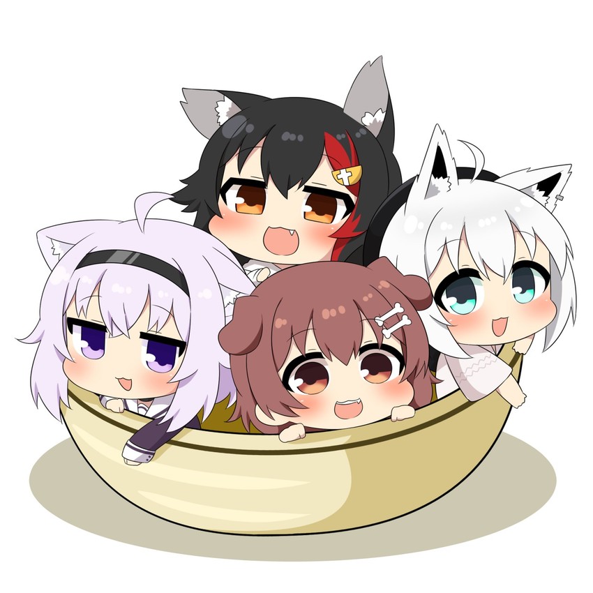 shirakami fubuki, nekomata okayu, ookami mio, and inugami korone (hololive) drawn by twumi